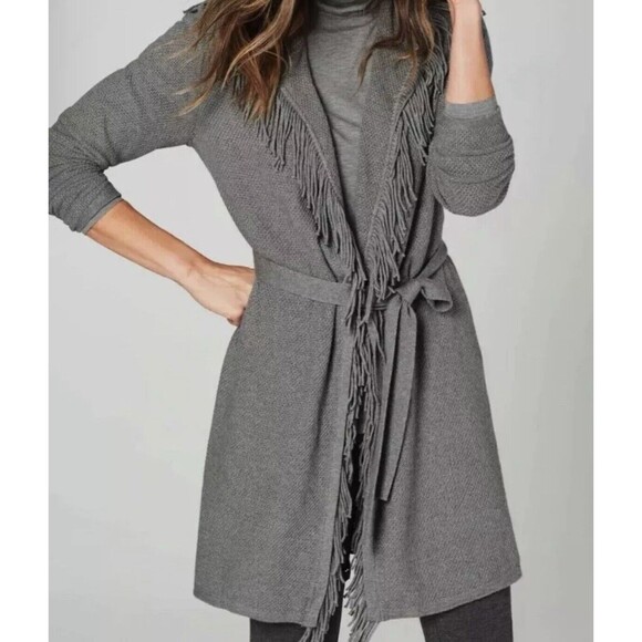 J.Jill Womens Gray Cotton Blend Fringe Trim Belted Long Sleeve Knit Cardigan S - Picture 2 of 11